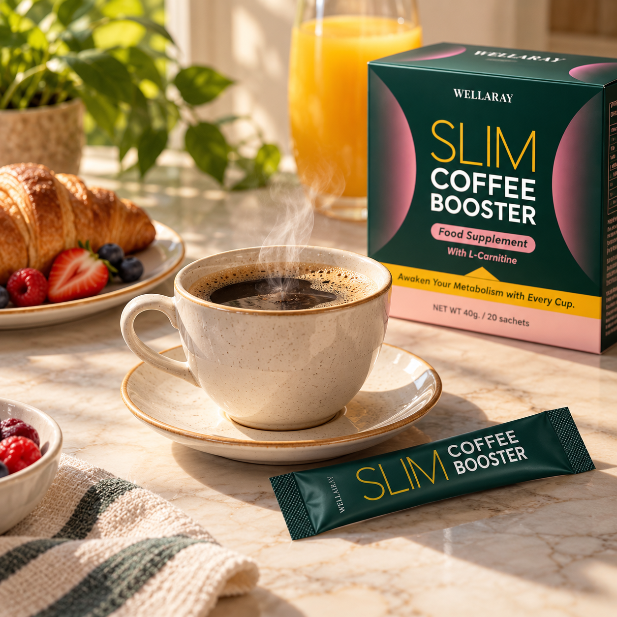 Wellaray Slim Coffee Booster next to a prepared cup of coffee